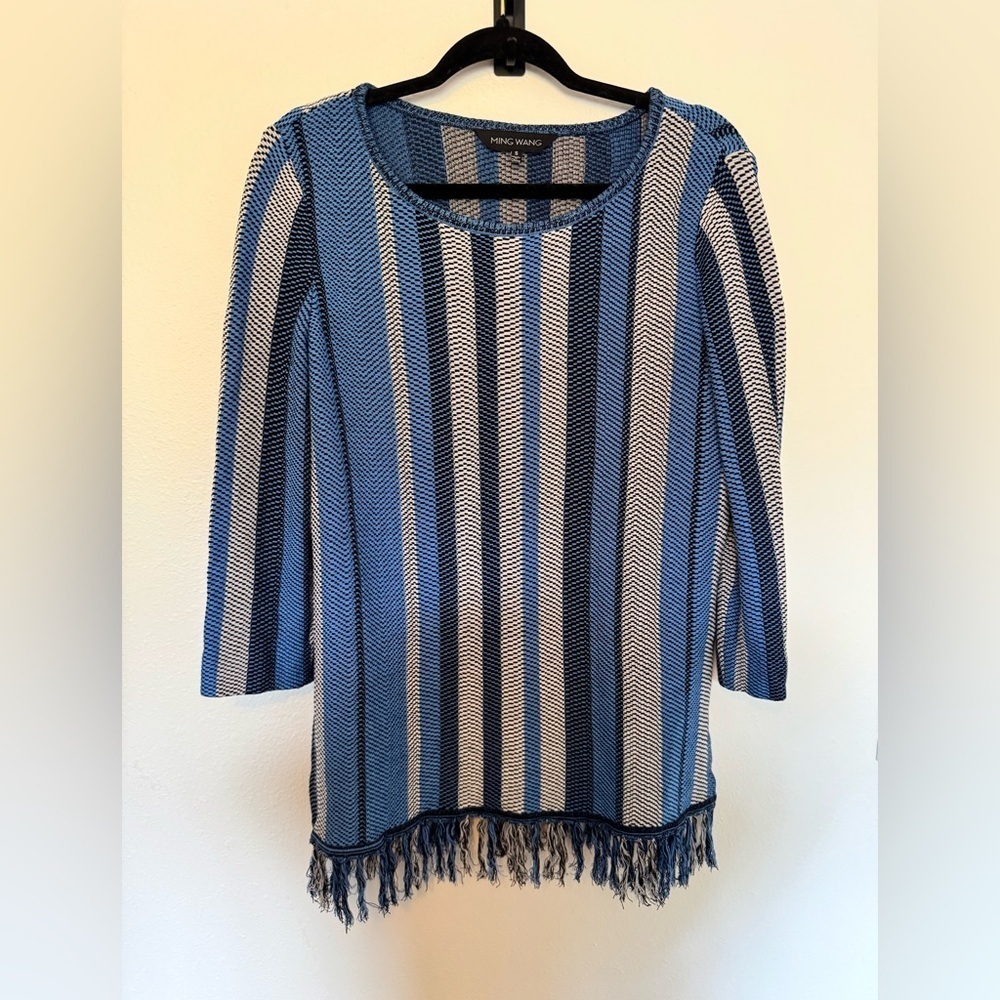 Ming Wang Womens Fringe Striped Sweater 3/4 Sleeve Size Small Blue Black EUC